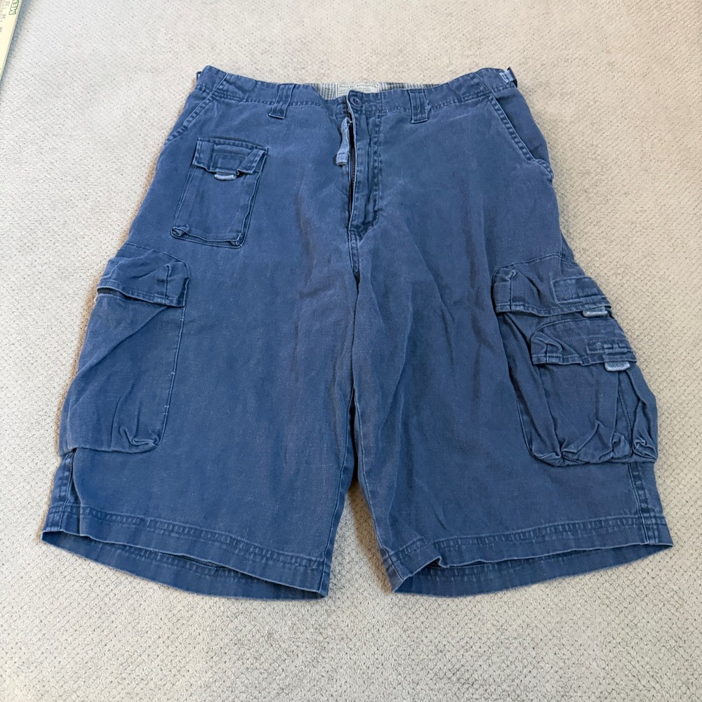 Vintage 1990s Bugle Boy Authentics Blue Cargo Shorts Mens 32 Ramie Cotton Faded